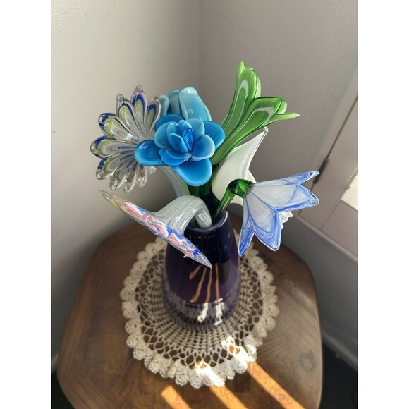 Bouquet Of Murano Hand Blown Long Stem Glass Flowers In A Purple Glass Vase - Picture 4 of 11